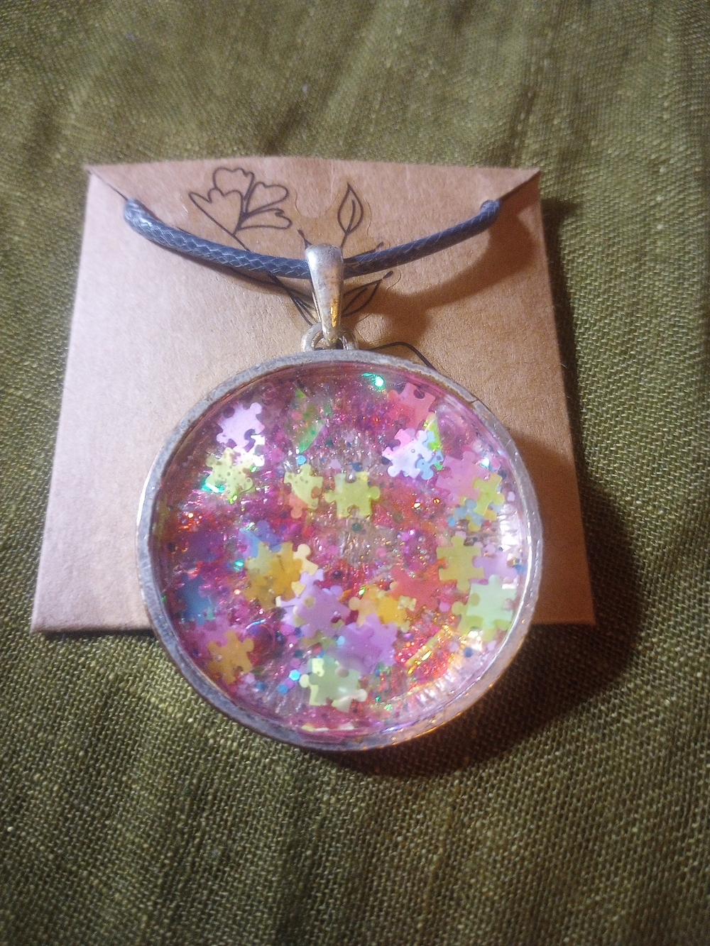 Handmade Pink Multicolor Puzzle Piece Resin Pendant Necklace-UNISEX